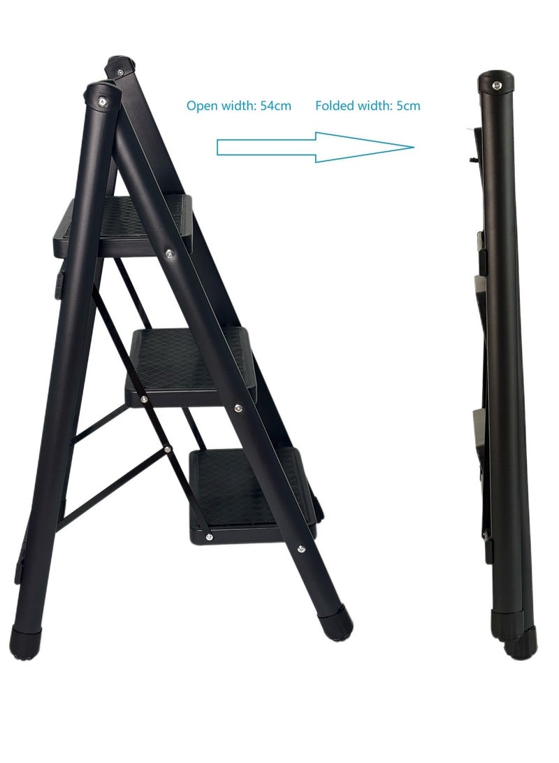 كابجون سلم قابل للطي للاستخدام المنزلي، براز خفيف الوزن قابل للطي مزود بدراسات عريضة غير منزلقة، سلم فولاذي ذي خطوة للمطبخ، المكتب، غرفة النوم (أسود، 3 درجات) - Image 3